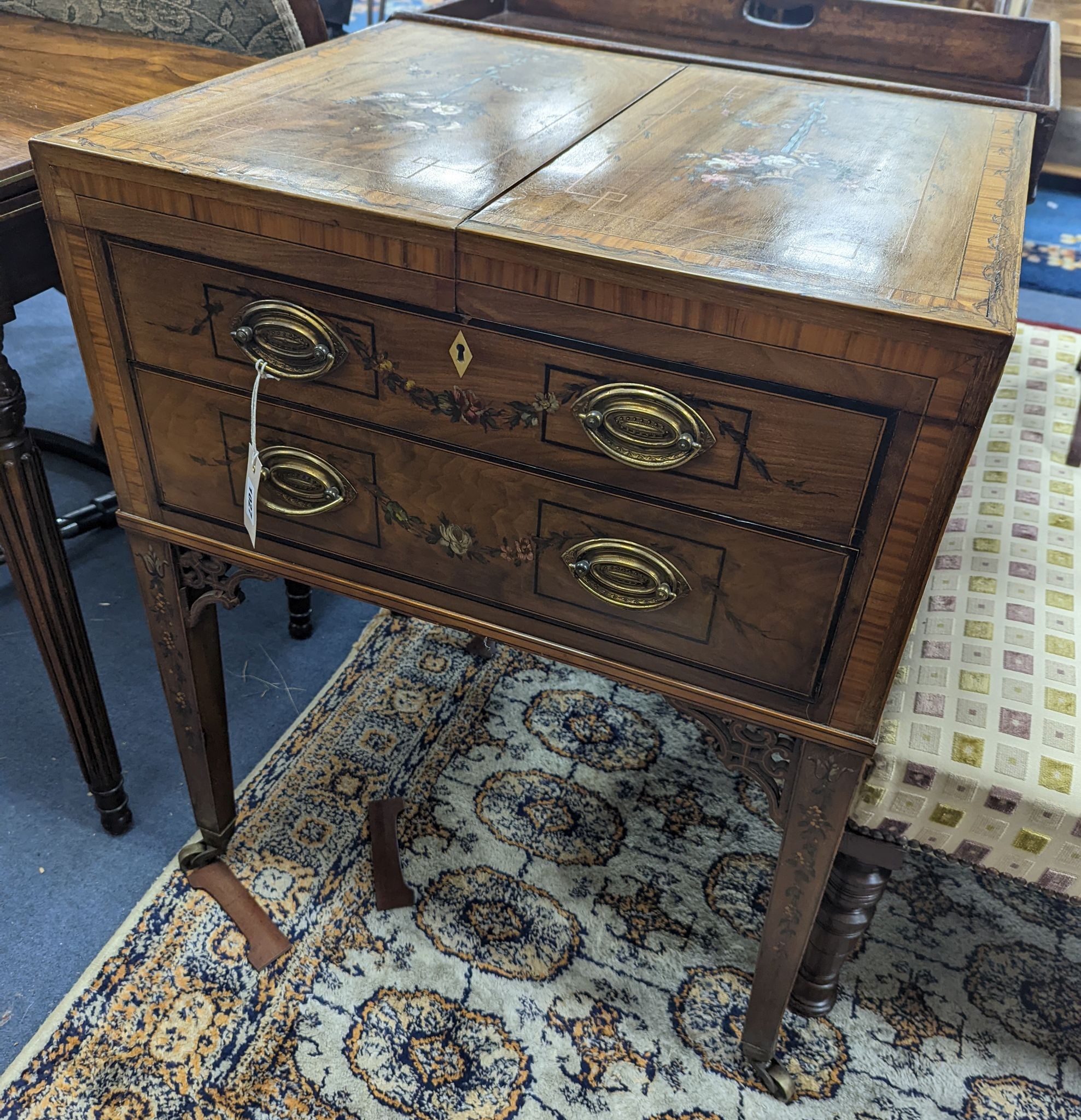 A George III satinwood banded later floral painted mahogany enclosed washstand, width 62cm, depth 51cm, height 78cm